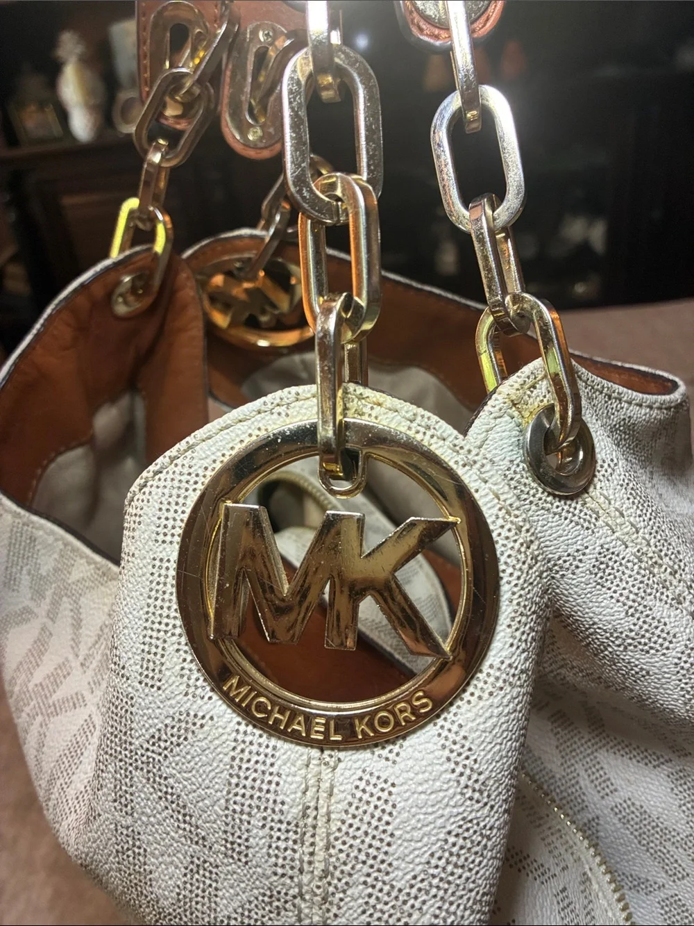Michael Kors Beige & Tan Logo Chain-Handle‎ Hobo